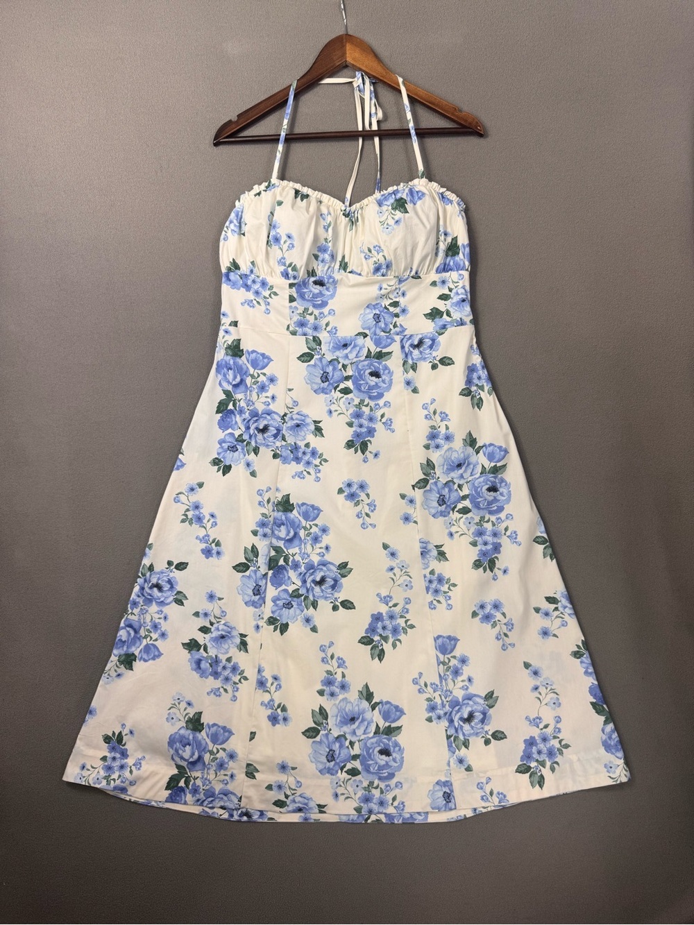 Bridgerton Blue Cottagecore Floral Halter Sundress, A Line Midi Romantic, Large